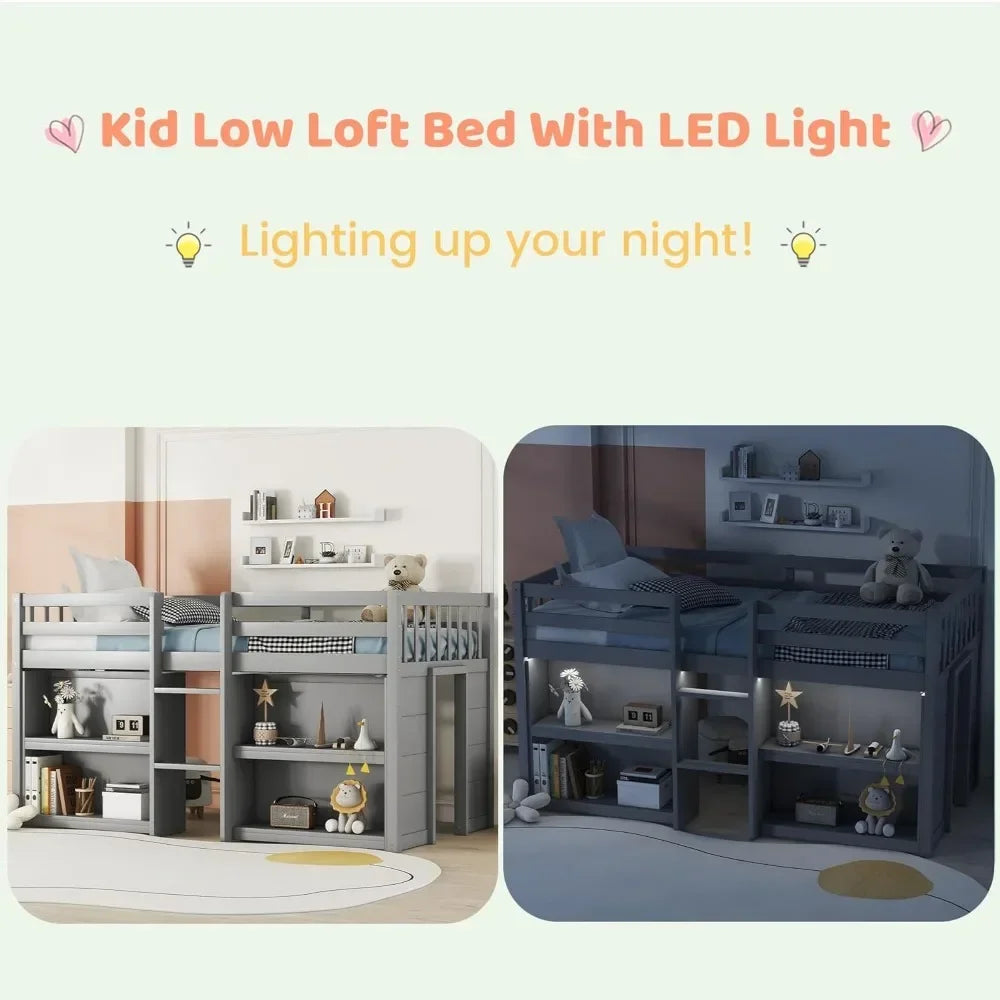 Cama loft baja de tamaño doble con estantes de almacenamiento, con luz LED y estantes, listones de madera resistentes que sostienen la cama loft doble de madera para niños