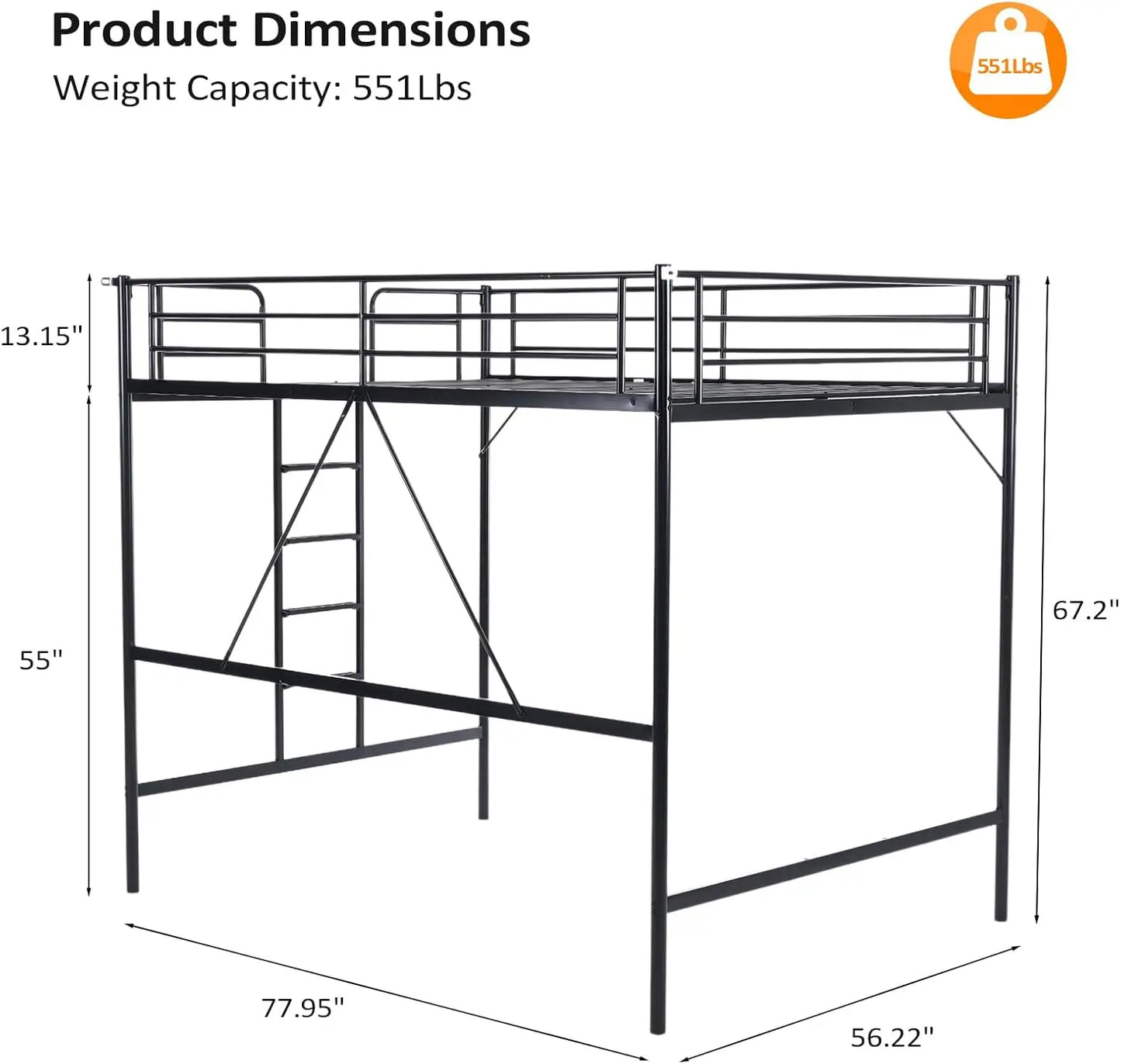 Lit mezzanine double avec barreaux plats pour adultes, enfants et jeunes adolescents, aucun sommier requis, support à lattes en métal robuste