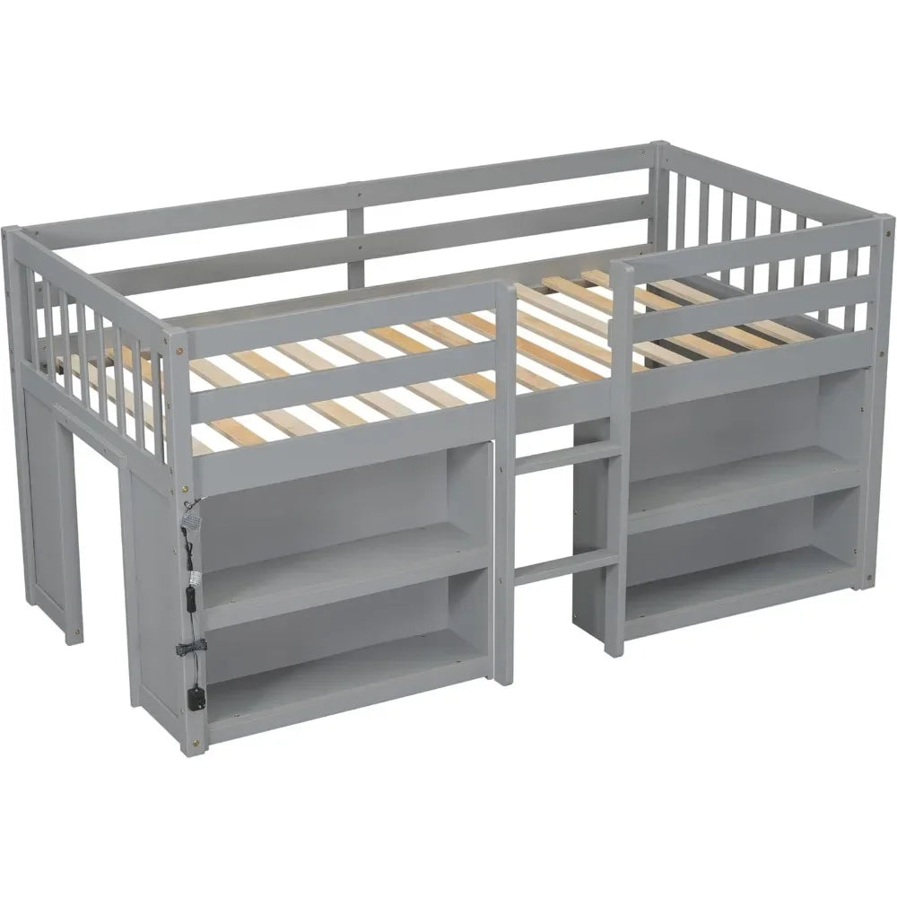 Lit mezzanine bas double avec étagères de rangement, avec éclairage LED et étagères, support à lattes en bois solide Lit mezzanine double en bois pour enfants