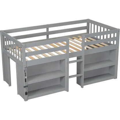 Twin Size Low Loft Bed with Storage Shelves,with LED Light and Shelves, Strong Wood Slats Support Wood Kids Twin Loft Bed