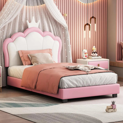 Cabecero de cama tapizado para niños y niñas, con plataforma de madera, no necesita somier, color blanco, rosa y corona