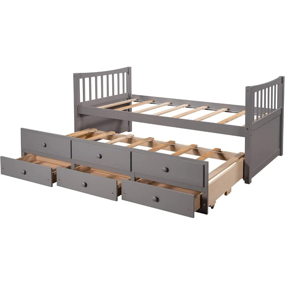 Twin Captain's Bed, Twin Daybed with Trundle and 3 Storage Drawers,  Twin Platform Bed Frame  for Kids Teens Adults