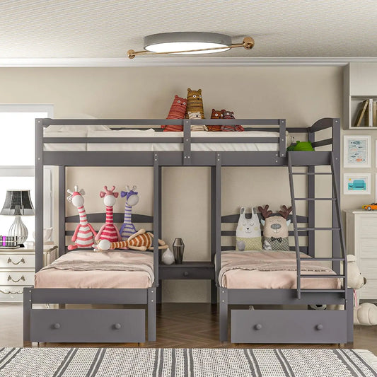 over Twin & Twin Bunk Bed,Triple Bunk Bed Frame for Boys Girls Kids Adults Toddler with Drawers, Gray