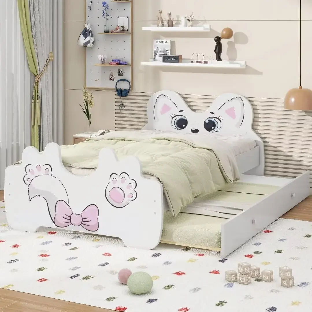 Merax Twin Size Children Cat-Shaped Platform Bed with Trundle, Wooden Bedframe, No Box Spring Needed, White