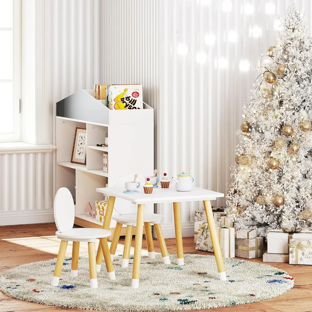 Ensemble table et chaises en bois pour enfants UTEX, table de jeu pour enfants avec 2 chaises, table ronde pour enfants 3 pièces pour tout-petits, filles, garçons, blanc