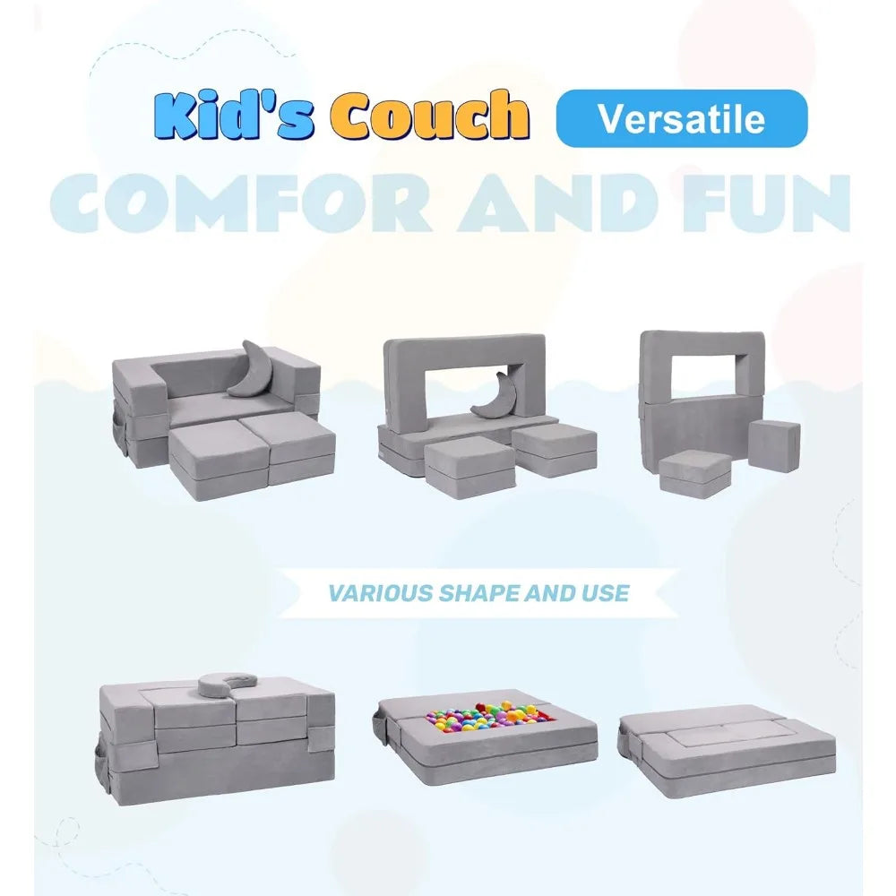 Sofá modular para niños, sillón de espuma para niños pequeños, juego de sofá de felpa convertible para niños, sofá cama plegable (gris)