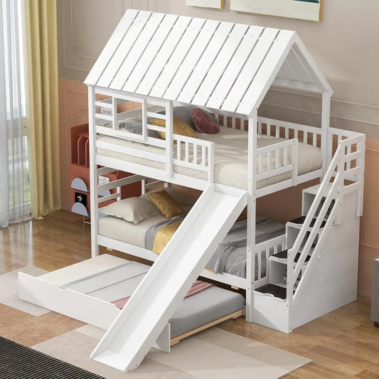 Twin Over Twin House Bunk Bed with Trundle/Slide/Storage Stairs Wood Bedframe with Staircase for Kids/Teens Bedroom