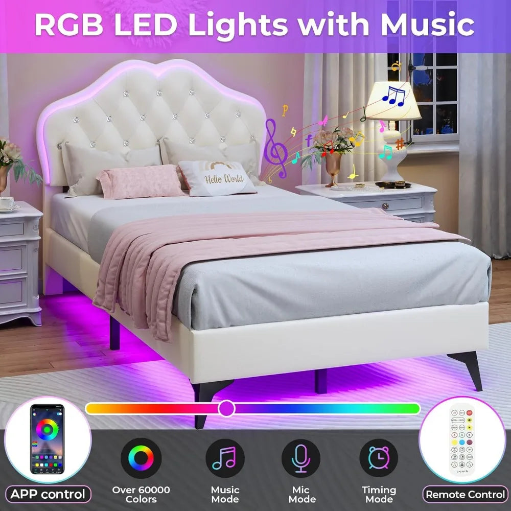 Twin Size Upholstered Bed Frame with LED Lights, Adjustable Headboard with Crystal Button, Princess Platform Bed for Girls