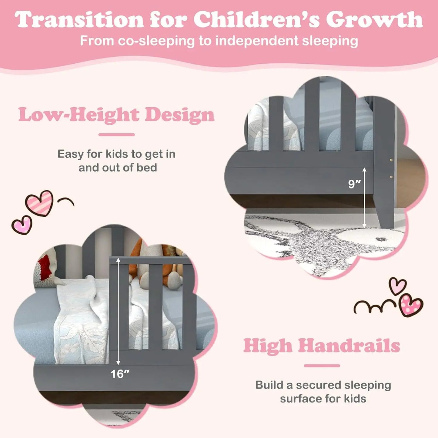 Lit simple pour enfants, cadre Montessori en bois massif avec 2 étagères de rangement, clôture et toit, lit simple bas pour enfants, pas besoin de sommier