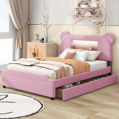 Modern Full Size Upholstered Storage Platform Bed with Cartoon Ears Headboard and Drawers, LED and USB,for Kids Boys Girls Teens