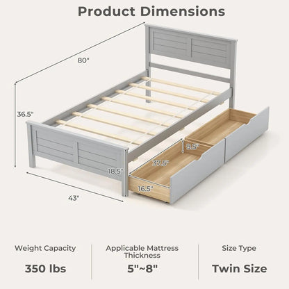 Lit simple en bois avec 2 tiroirs de rangement, lit plateforme en bois massif avec tête de lit, sommier à lattes en bois, sans ressort