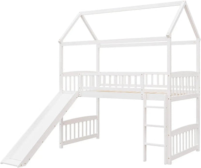 Merax House Loft Bunk Bed Frames with Slide No Box Spring Needed for Teens, Girls or Boys