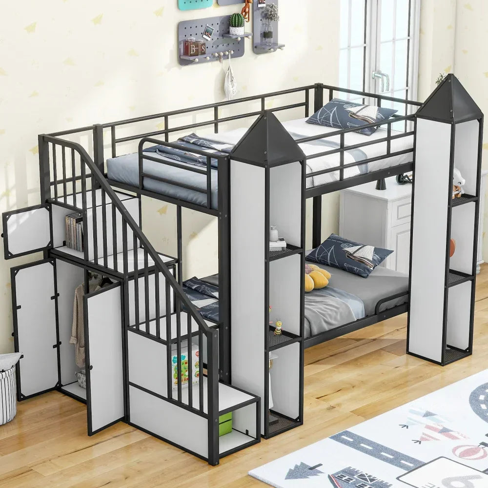 Metal Twin Over Twin Castle-shaped Bunk Bed with Wardrobe and Multiple Storage,Black+White Kids Beds for Boys Loft Beds Bunk Bed