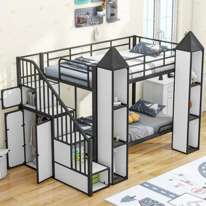 Litera de metal con dos camas individuales y forma de castillo con armario y varios espacios de almacenamiento, color negro y blanco, camas para niños, camas altas, literas