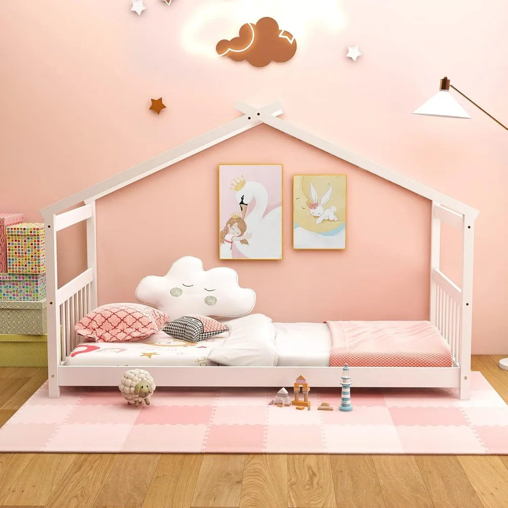 Cama infantil de madera maciza con techo, cabecero y pie de cama, estructura de cama doble de piso bajo para niños pequeños, adolescentes, niñas y niños