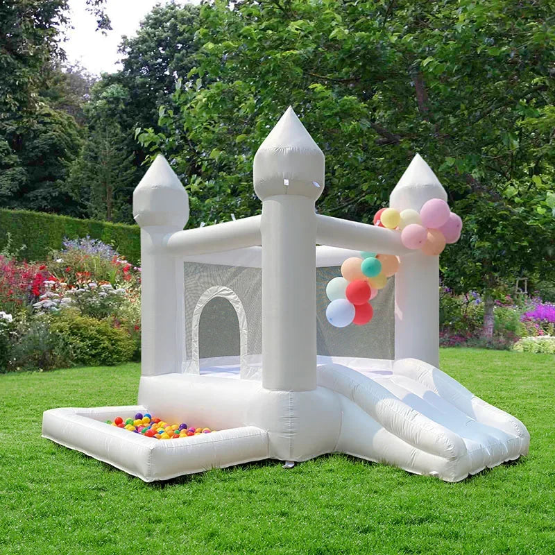 Trampolín inflable blanco con piscina de bolas, tobogán, decoración para bodas, fiestas, eventos, cama de salto para niños con soplador