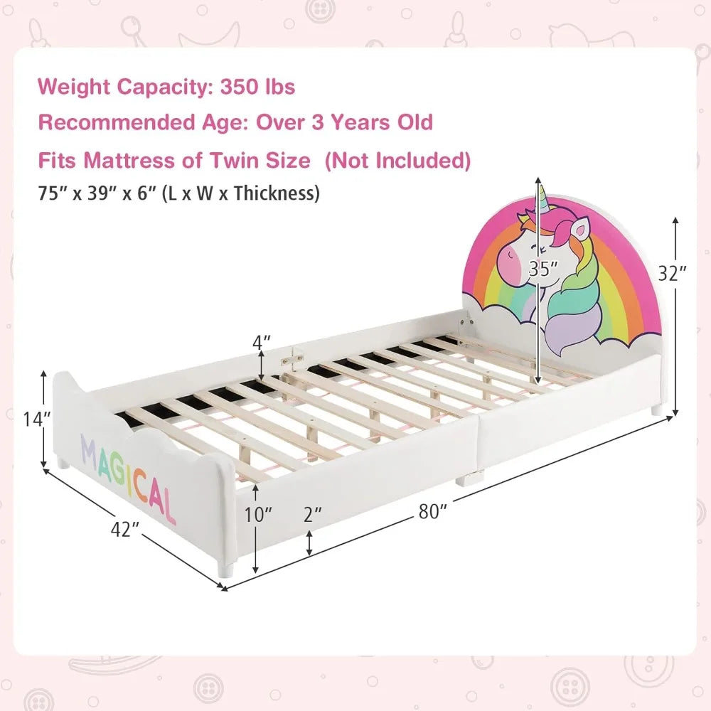 Twin Bed Frames for Kids, Wood Upholstered Twin Bed Platform with Slat Support, Padded Headboard&Footboard