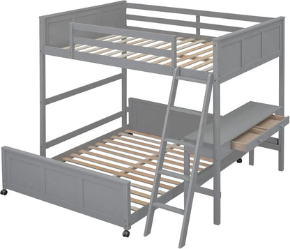 Litera moderna de dos cuerpos con escritorio y cajón, cama de plataforma completa en forma de L con ruedas, estructura de litera de madera maciza con escalera