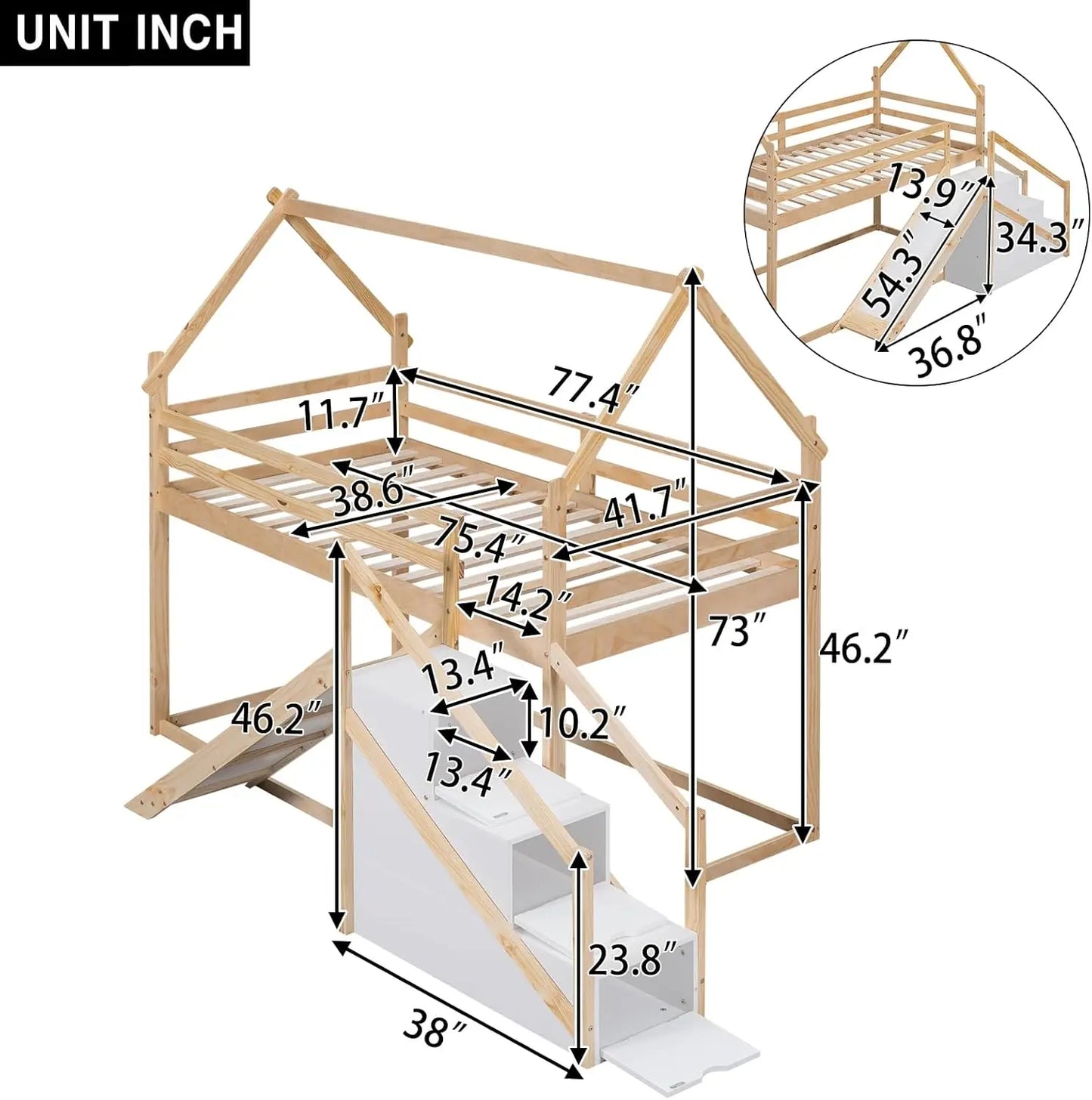 Litera Merax Twin sobre Twin con tobogán y escaleras de almacenamiento para 2 niños, niñas y adolescentes, estructura de cama tipo casa de madera y cama de tamaño completo