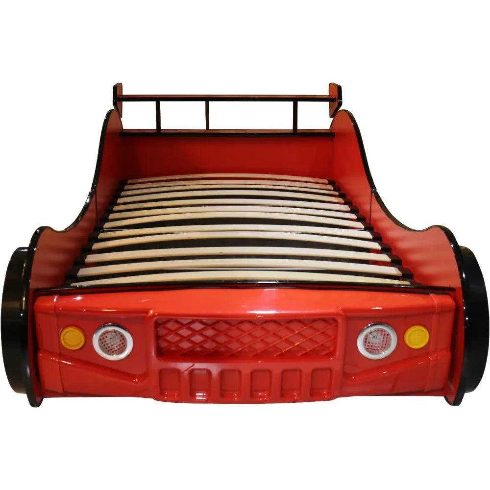 Cama de coche de tamaño doble para niños, estructura de cama de plataforma de madera con forma de coche de carreras, ruedas para la cabecera y listones de soporte