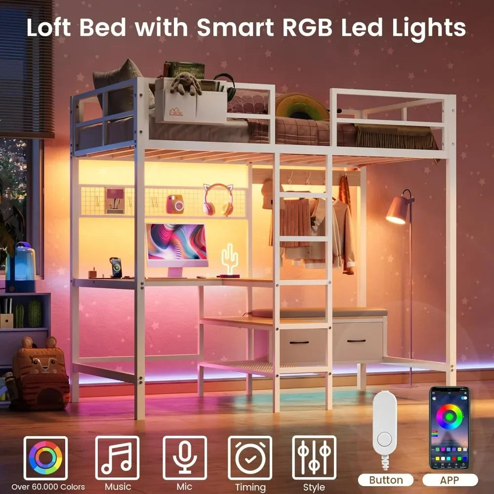 Cama alta con escritorio en forma de L, luces LED y estación de carga con estantes de almacenamiento y perchero con 2 cajones de almacenamiento, cama para niños