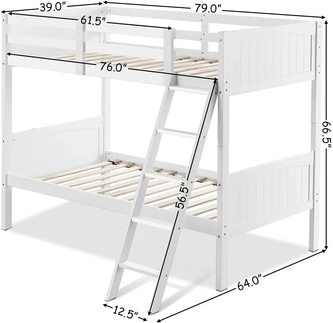 Wood Twin Over Twin Bunk Beds Convertible 2 Individual Twin Beds for Kids Children, Solid Rubberwood Bunk Bed with Ladder and Sa