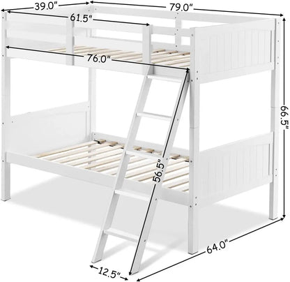 Litera de madera de dos plazas sobre dos camas individuales convertible en dos camas individuales para niños, litera de madera maciza de caucho con escalera y escalera