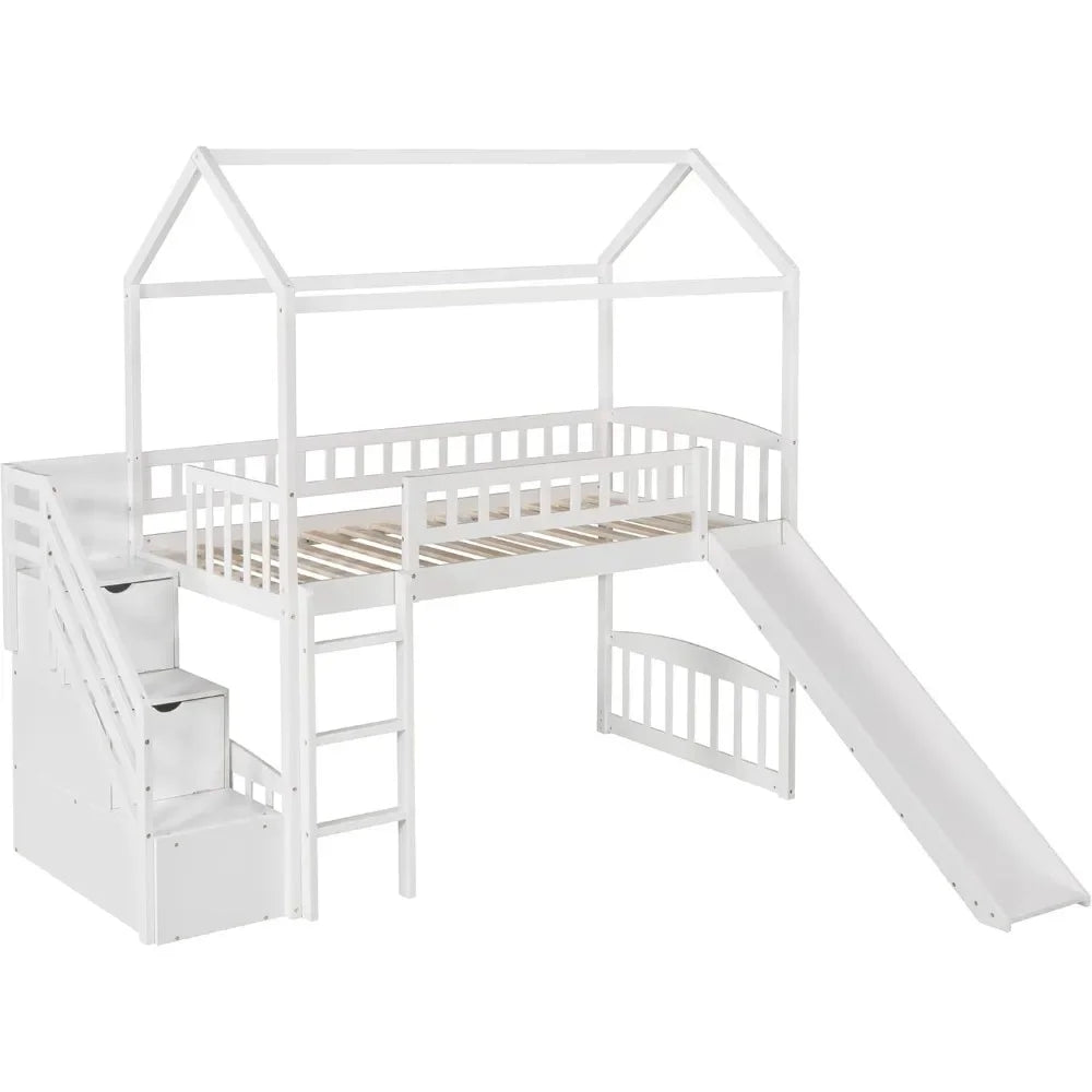 Lit mezzanine avec toboggan, lit mezzanine pour deux personnes avec tiroirs de rangement, lit de jeu avec escalier pour enfants, tout-petits, filles/garçons