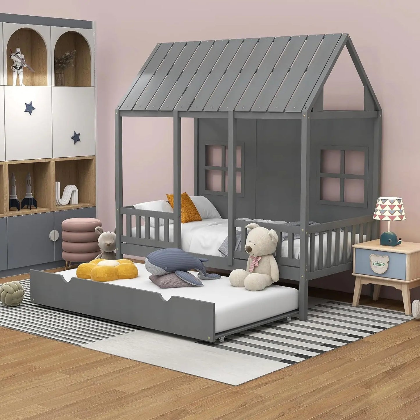 Twin Size House Bed with Trundle, Wood Kid’s House  Bed Frame with Sturdy Bed Slats fNo Box Spring Needed