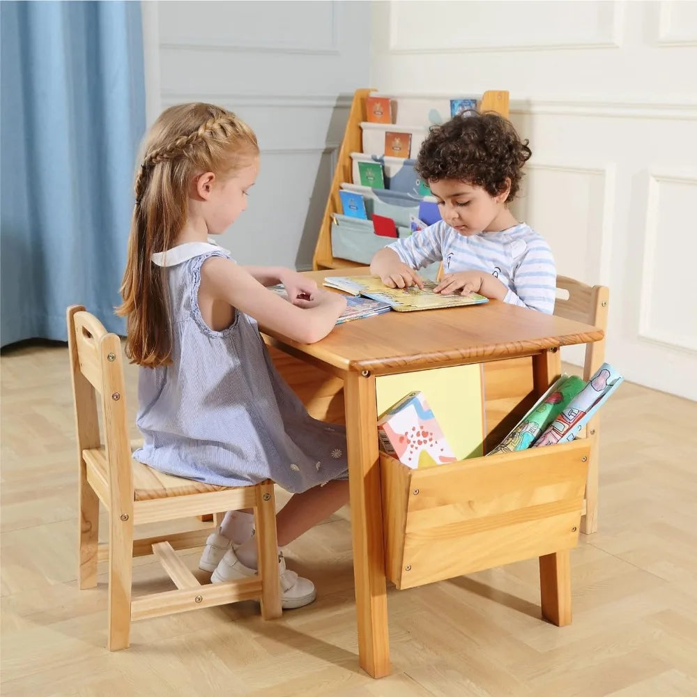 Juego de mesa y 2 sillas de madera maciza KRAND Kids con almacenamiento Juego de escritorio y silla para niños pequeños Mesa de actividades (madera maciza)