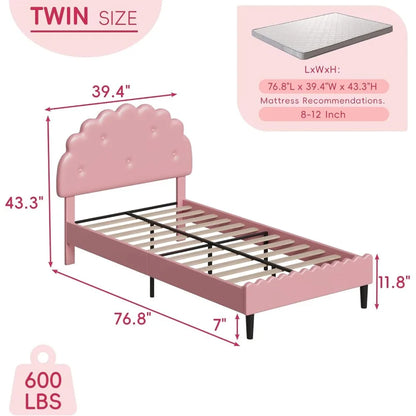 Twin Bed Frame, Upholstered Platform Bed with Button Tufted Headboard, Princess Kids Twin Bed Frames