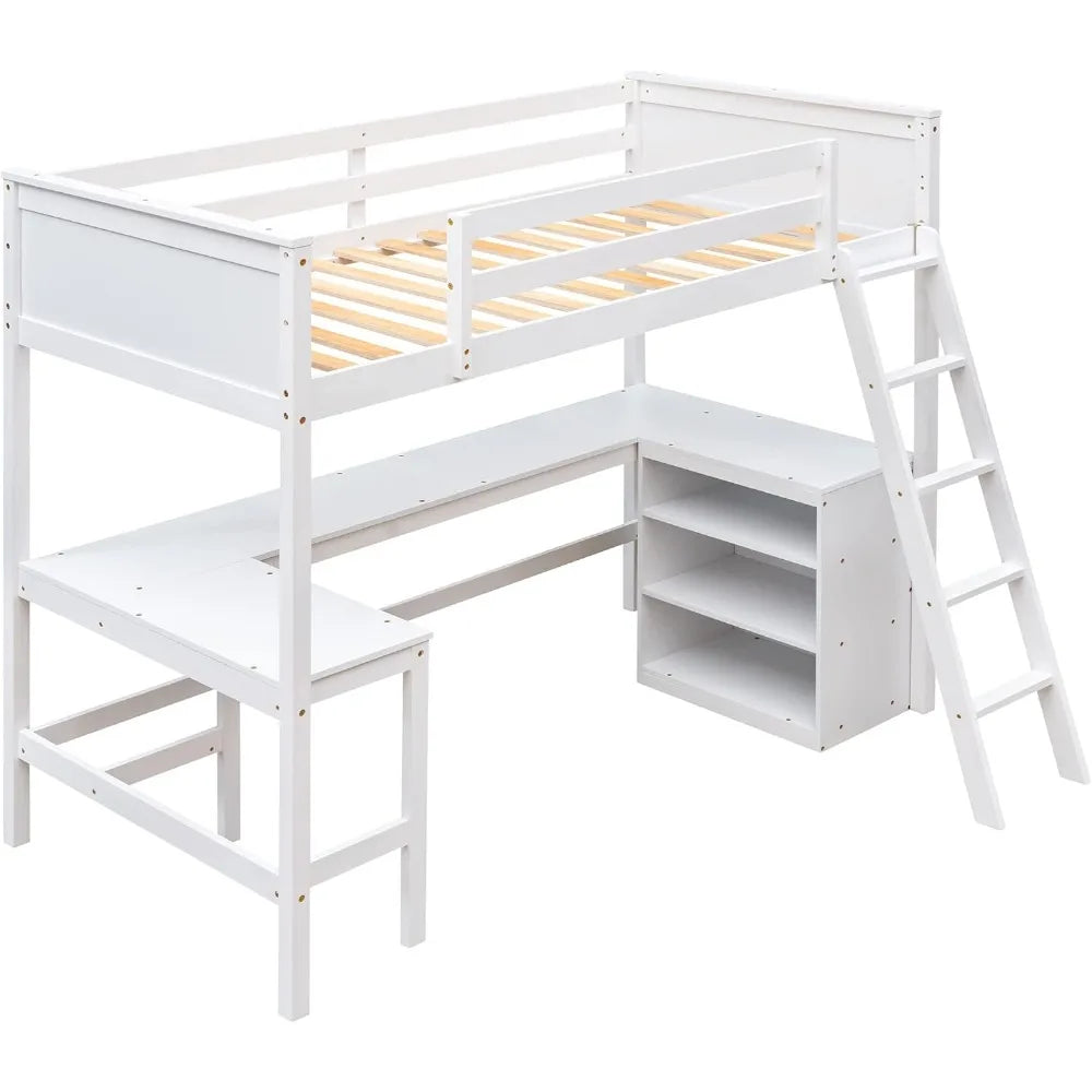 Twin Size Loft Bed with Shelves and Desk, Wooden Loft Bed with Desk, for Kids, Teens, Noise Free, No Box Spring, Easy Assembly