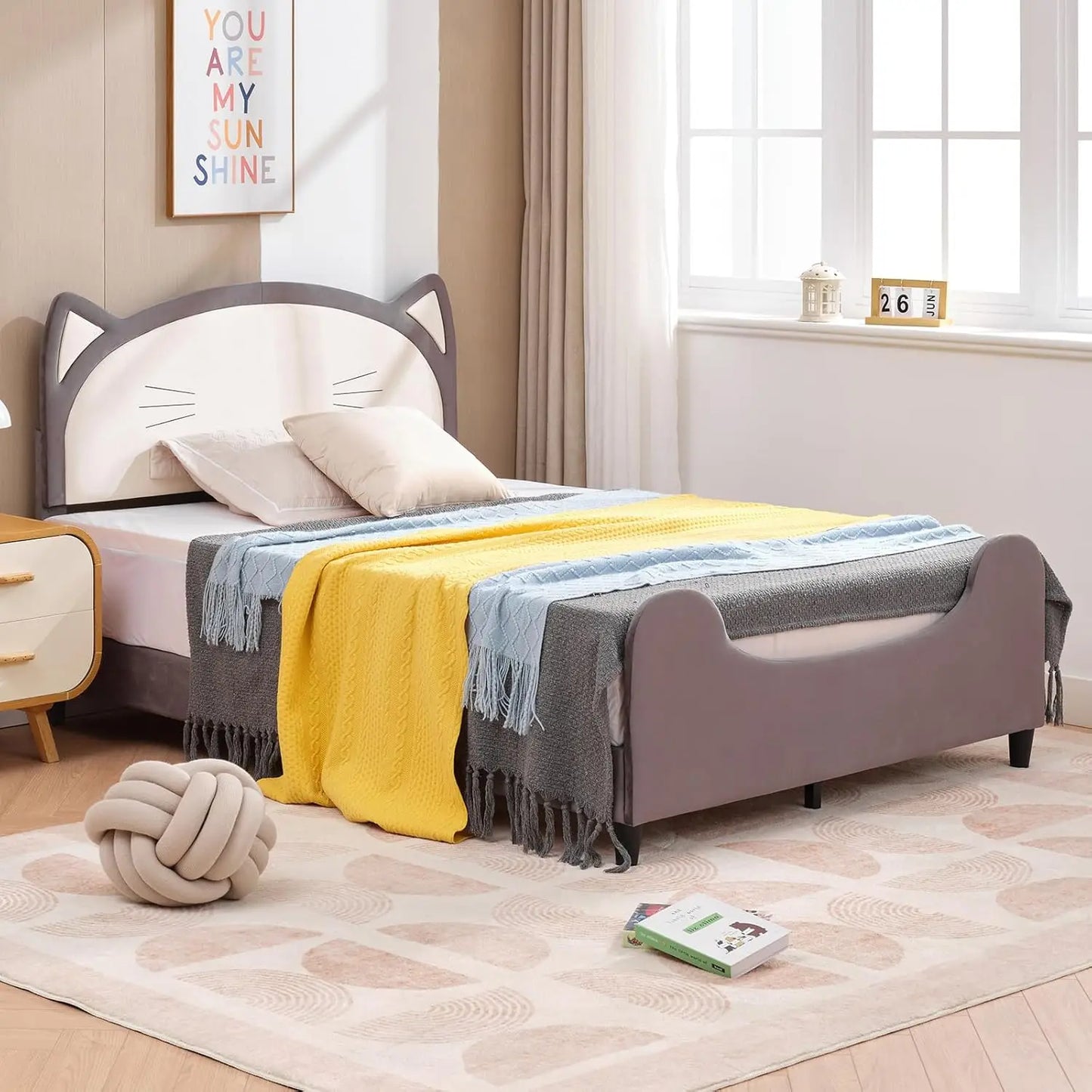 Estructura de cama doble para niños, cama para niños con cabecero en forma de gato, cabecero tapizado de piel sintética, estructura de cama doble para niños