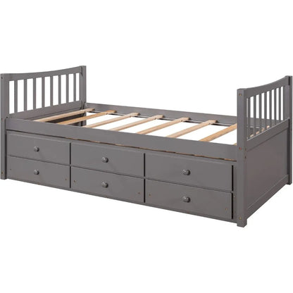 Twin Captain's Bed, Twin Daybed with Trundle and 3 Storage Drawers,  Twin Platform Bed Frame  for Kids Teens Adults