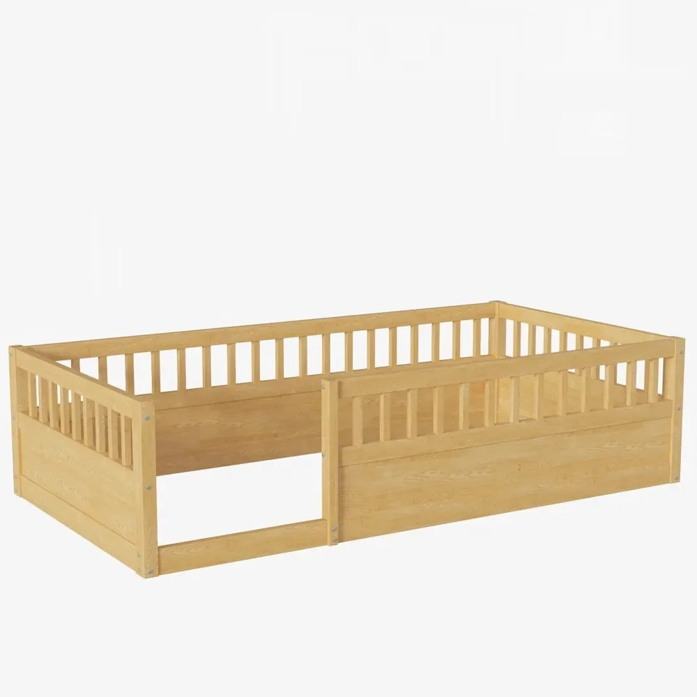 Cama Montessori de tamaño doble con valla, estructura de cama de piso para niños pequeños con barandales altos para dormitorio de niños, niños pequeños, niñas