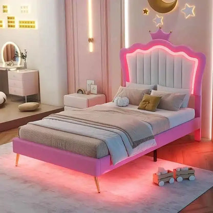 Cama de princesa de tamaño doble con cajones de almacenamiento para niñas, lindo marco de cama de tamaño doble para niños, marco de cama tapizado doble con LE