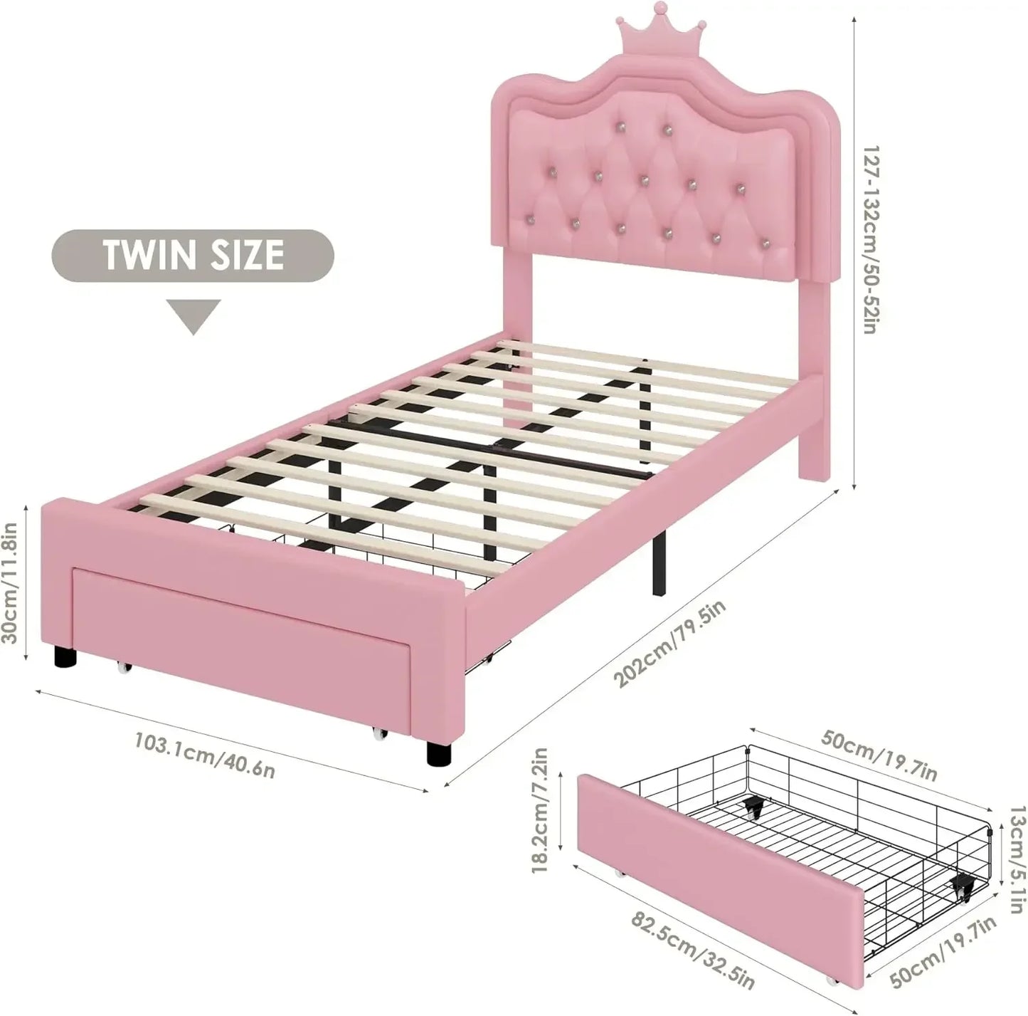 Twin Upholstered LED Bed Frame with Storage Drawer Leather Princess Platform Bed with Adjustable Crystal Button Tufted Crown