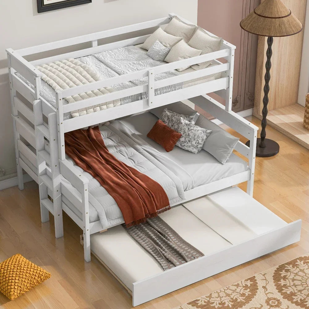 Wood Twin Over Full Bunk Bed with Size Trundle,White Kids Beds for Boys Twin Bed Frame Baby Three Blind Box Twin Beds Furniture