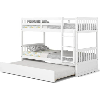 Twin Over Twin Bunk Bed with Trundle, Convertible Platform Bed Frame with Ladder & Solid Wood Frame, No Box Spring Needed, White