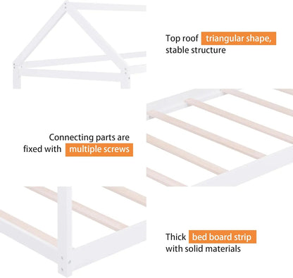 Wood House Bed,Floor Bed with Wood Slats,No Box Spring Needed,Twin Size, White