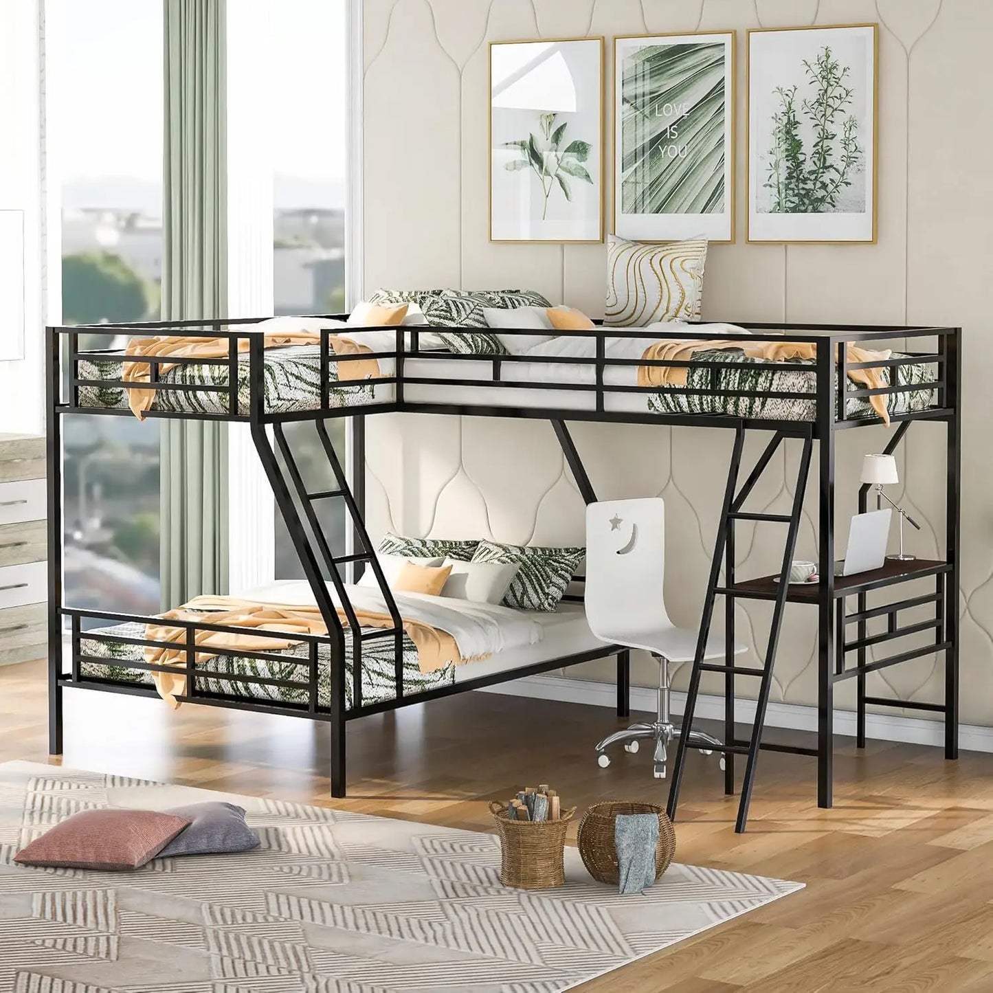 Softsea Twin Over Twin Over Full Triple Bunk Bed With Desk, Metal Heavy Duty Triple Bunk Bed, L Shaped Bunk Bed With Ladder And