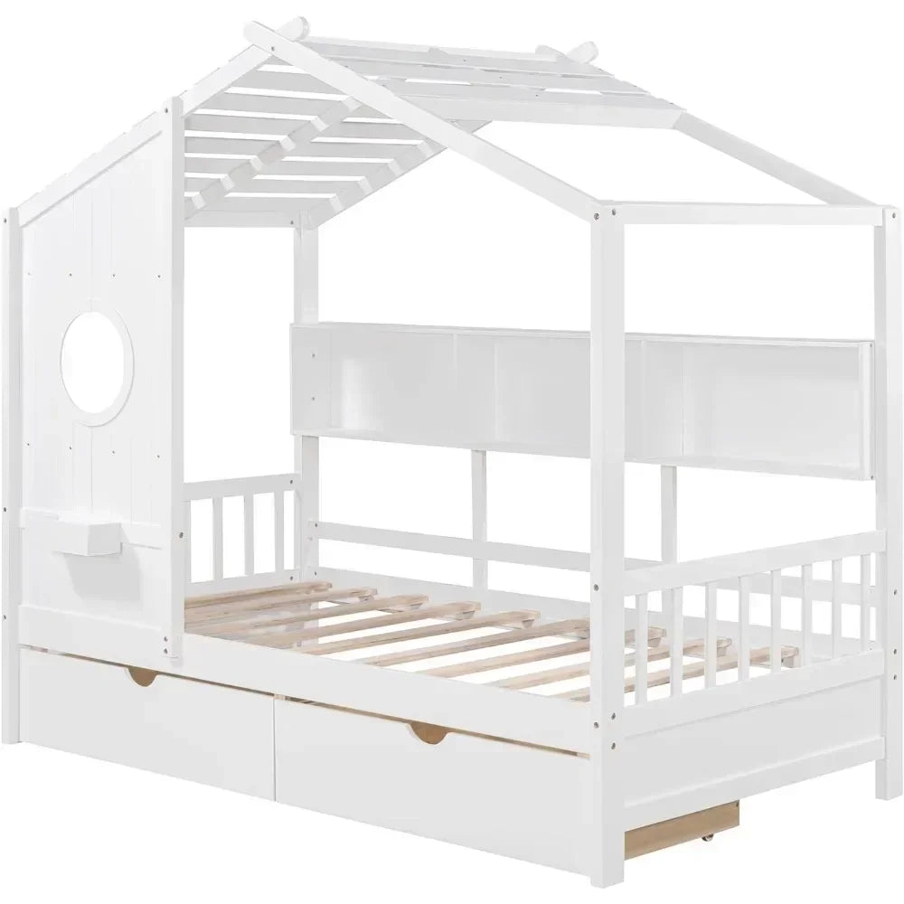 Cama doble tipo casa con cajones de almacenamiento y estantería, estructura de cama Montessori con plataforma doble con barandillas y techo para niños, adolescentes, niñas y niños