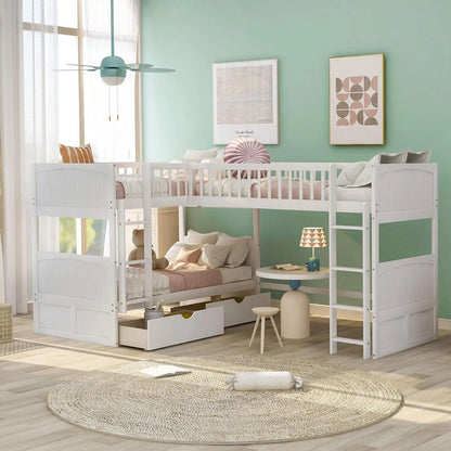 Triple Bunk Bed with Drawers, L-Shaped Bunk Beds for 3, Twin Over Twin Bunk Bed with a Loft Bed Attached for Kids, Teens, Adults