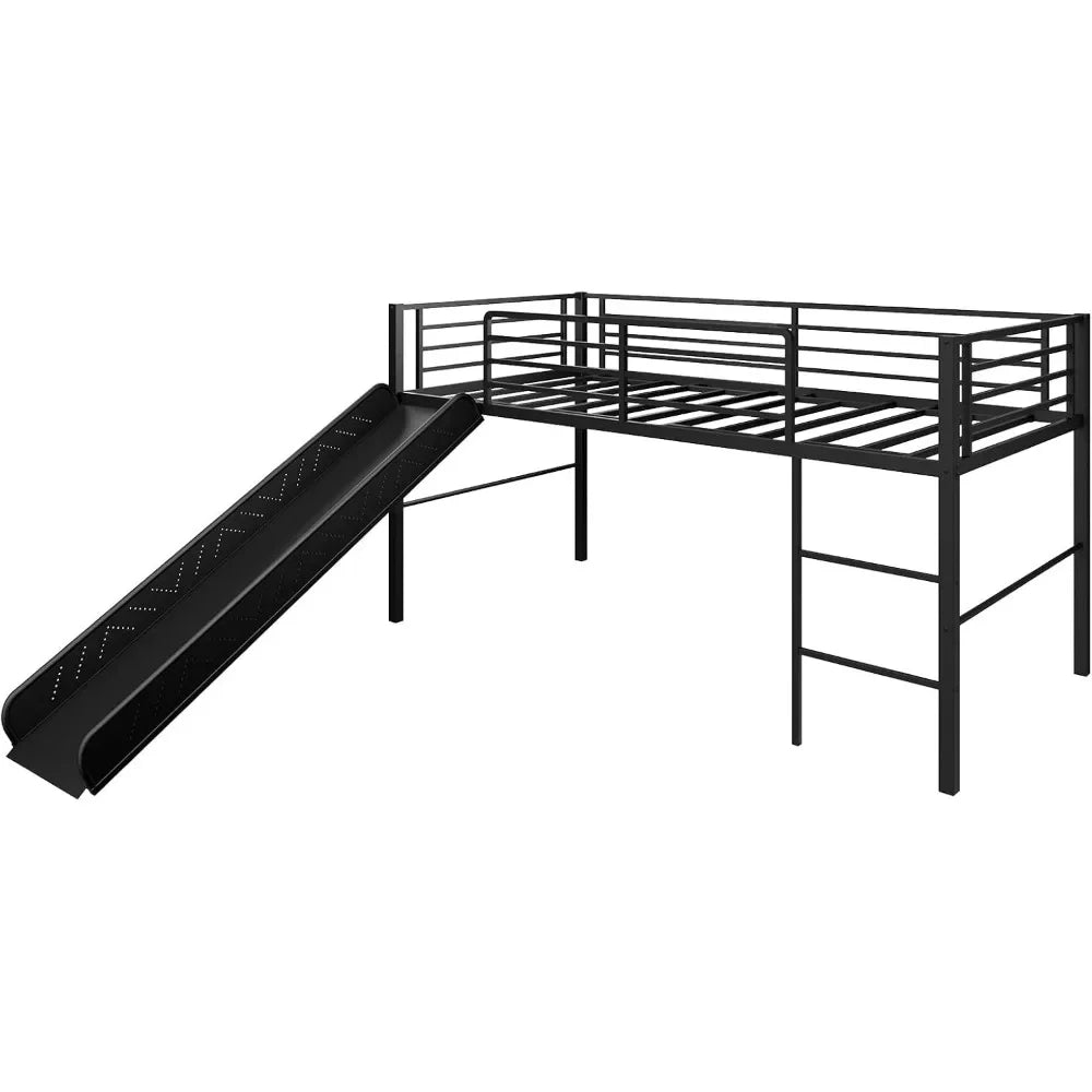 Lit mezzanine double avec toboggan, lit superposé bas en métal avec barrières de sécurité et échelle intégrée, cadre de lit pour tout-petits pour garçons et filles