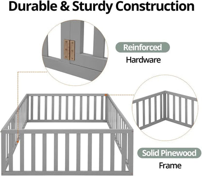 Size Montessori Floor Bed, Multifunctional Wood Bed Frame with Fence & Door for Children Boys Girls Bedroom Living Room, Without