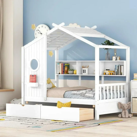 Lit double avec tiroirs de rangement et bibliothèque, cadre de lit double plateforme Montessori avec rails et toit pour enfants, adolescents, filles et garçons