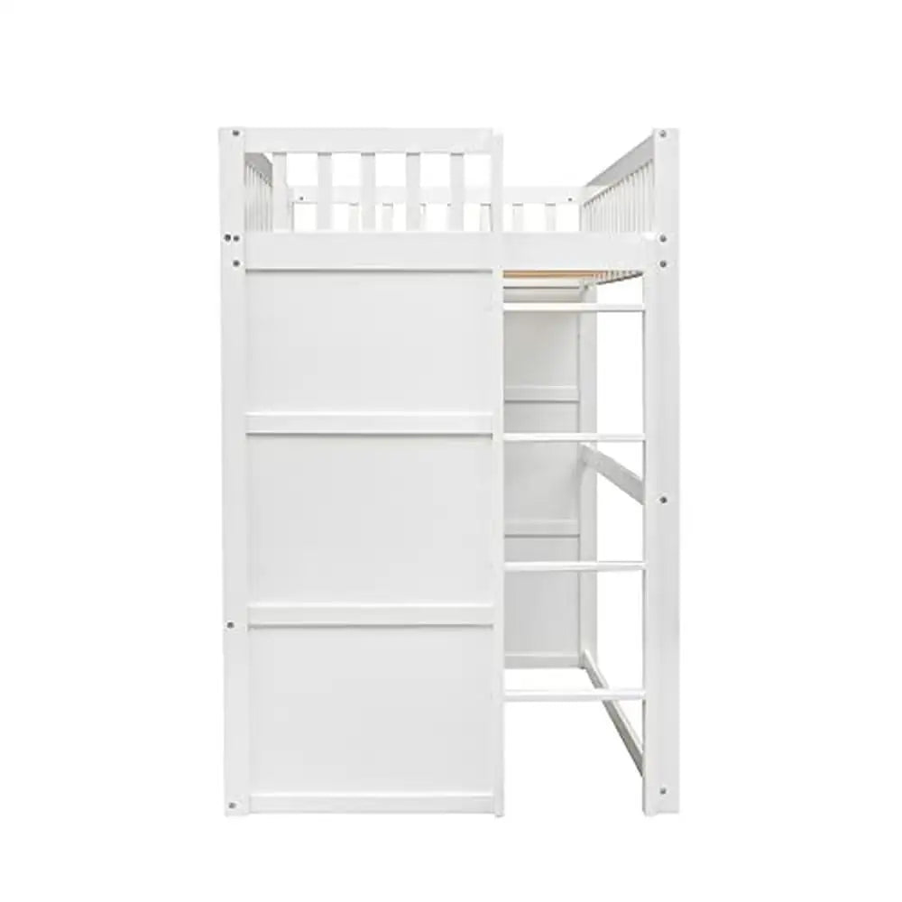 Lit mezzanine pour enfants de taille double, cadre de lit blanc et gris, fenêtre, échelle, bois massif, design robuste, espace de rangement, style moderne, facile