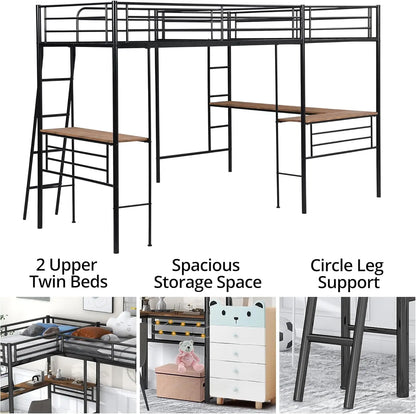 Twin Size L-Shaped Loft Bed with 2 Built-in Desks Metal Loft Corner Bed with 2 Ladders and Safety Guard Rail Heavy Children Beds