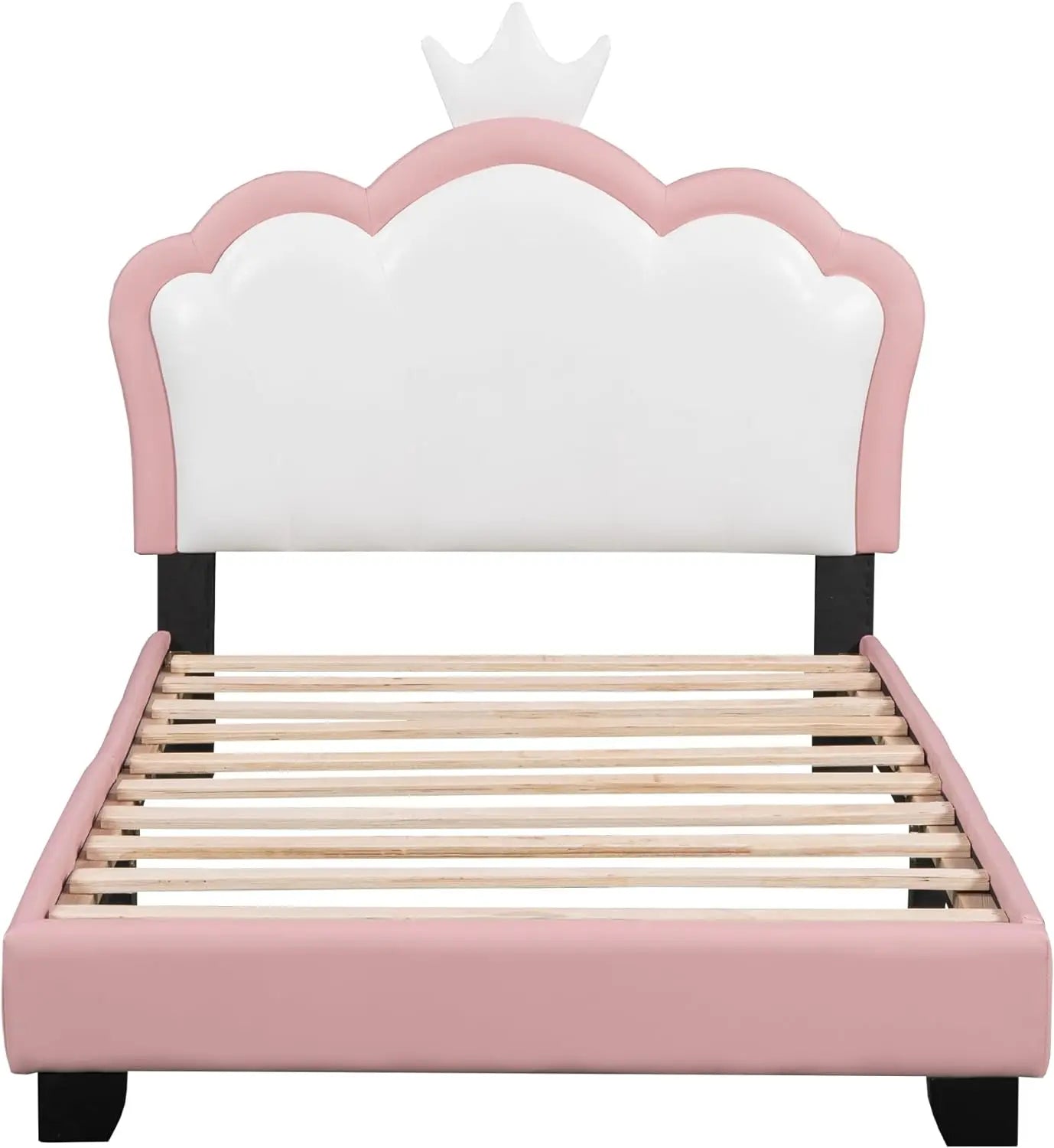 Cabecero de cama tapizado para niños y niñas, con plataforma de madera, no necesita somier, color blanco, rosa y corona