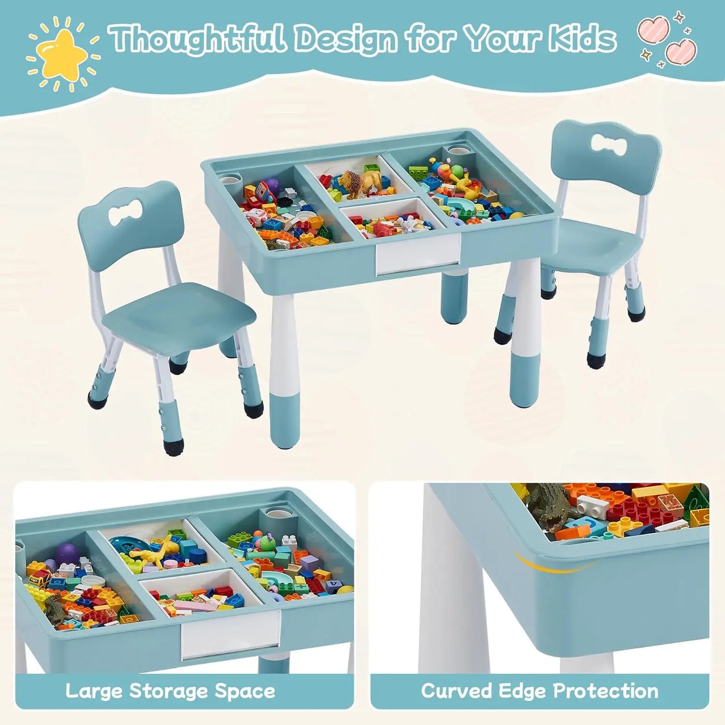 Ensemble 1 table et 2 chaises pour enfants, ensemble table et chaises pour tout-petits de 3 à 10 ans, table d'activités pour blocs de construction/dessin/lecture